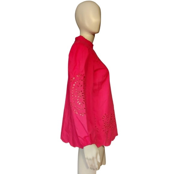 J.Crew Mock Neck Embroidered Eyelet Cotton Poplin Top In Fuschia Blossom - Picture 6 of 16